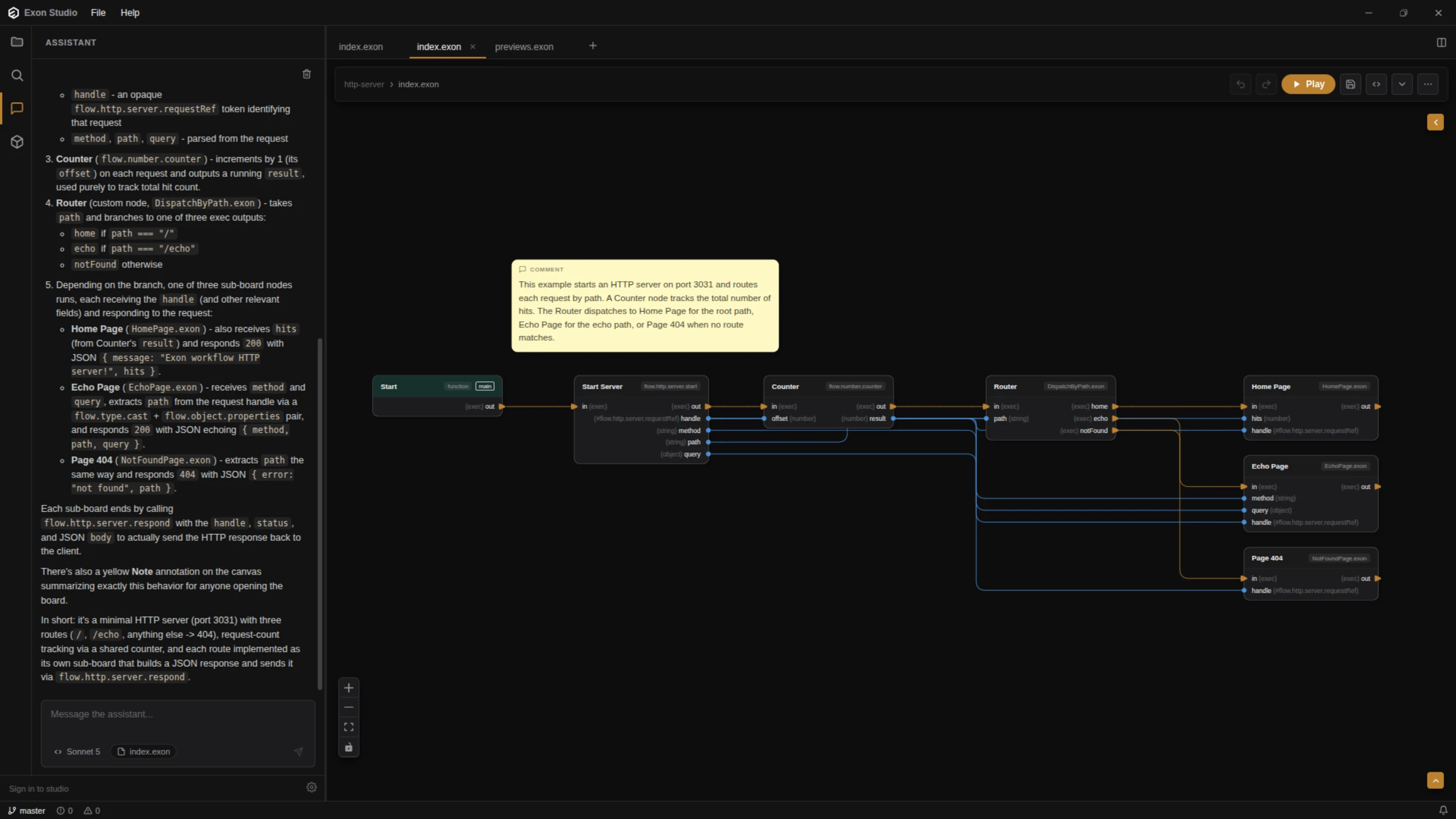 Exon Studio editor in dark mode with the AI assistant panel explaining an HTTP server workflow that routes requests by path